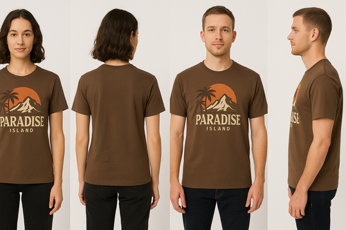 I WANT T-SHIRT IN BROWN COLOUR WITH PRITED SHOW IN FRONT BACKSIDE LEFT SIDE RIGHT SIDE WEARE A MAN AND WOMEN 